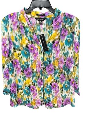 Investments Caroline Floral V-Neck Blouse in Teal, Purple & Yellow